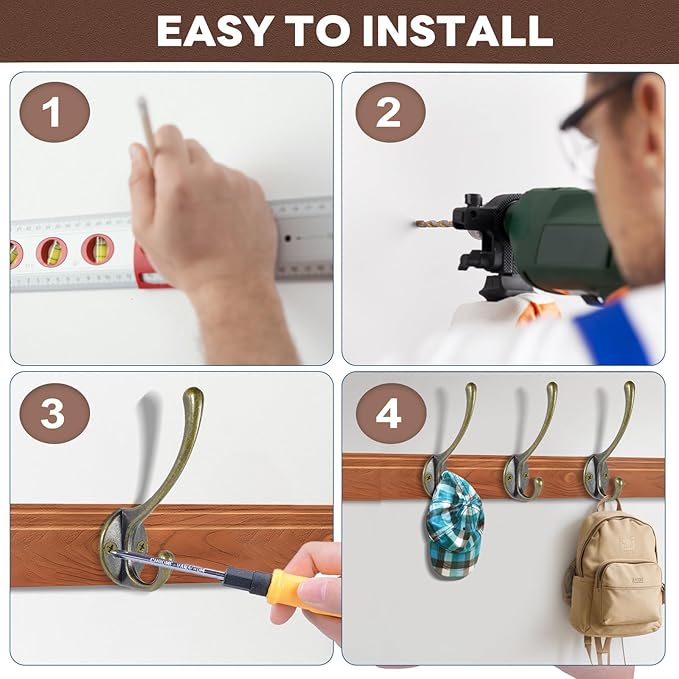 Wall Hooks for Hanging, 10-Pack Heavy Duty Metal Coat Hooks, for Living Room, Bathroom, Kitchen, Bedroom for Towel, Hat, Key, Closet, Bag (Bronze)