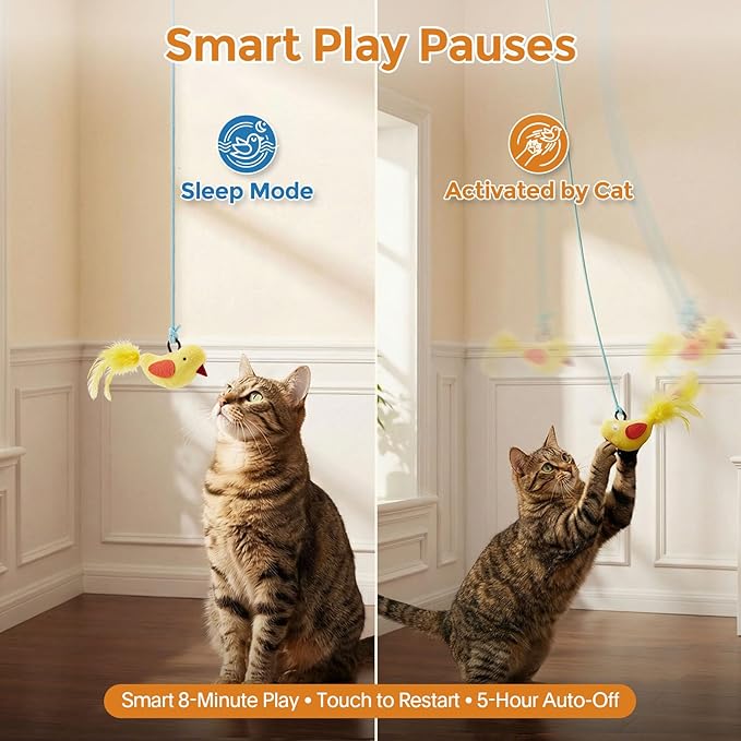 Interactive Cat Toys for Indoor Cats - 2 in 1 Automatic Laser Pointer Cat Toy with Feather Flying Bird,Smart Moving Mouse Wand Toy, Auto On/Off Hanging Toys for Bored Kitten & Adult Cats(Grey)