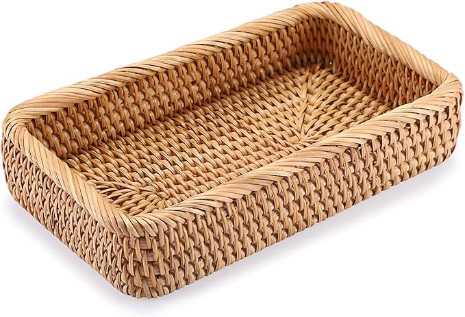 Hipiwe Natural Rattan Tray Key Basket for Entryway Table Rectangle Wicker Basket Trays for Remote Trinket Decorative Rattan Storage Basket Home Decor,10"x 5.9"x 2.2"