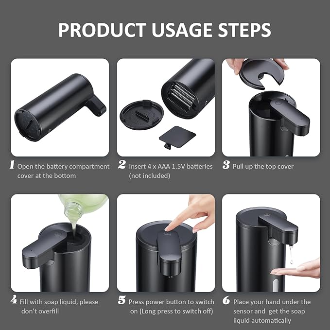 utomatic Soap Dispenser, Automatic Soap Dispenser Touchless, Kitchen & Bathroom, 3 Adjustable Volume for Liquid Soap, Water-Resistant, Hotel, Restaurant and School, Clog-Free, Black
