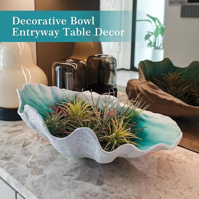 Extra Large Clam Shells Decorative Bowl-Turquoise Sea Shells Decorative Storage Bowls for Coastal Beach theme house table centerpiece decorations & Nautical decorations for coffee table -12.4"-1PC