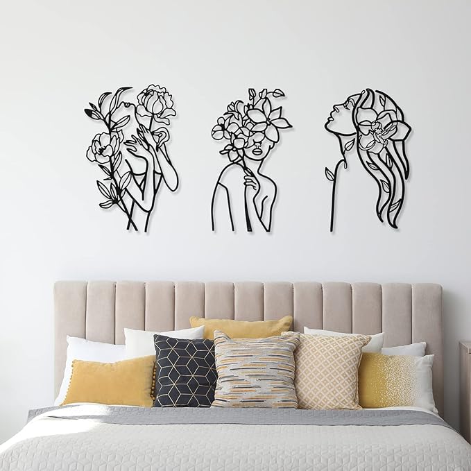 Photect 3 Pcs Metal Wall Art Decor Minimalist Abstract Woman Wall Art Metal Modern Line Drawing Decor Female Single Line Home Hanging for Bedroom Bathroom Living Room Christmas Housewarming(Elegant)