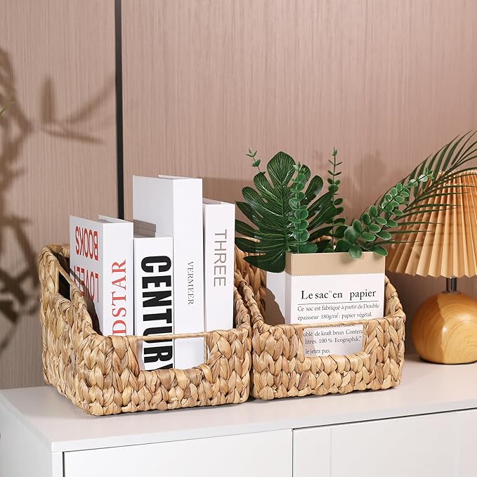 Water Hyacinth Pantry Baskets with Built-in Handles - Natural, Handwoven Wicker Storage Baskets for Storage Shelves Organizing(2 Pack)