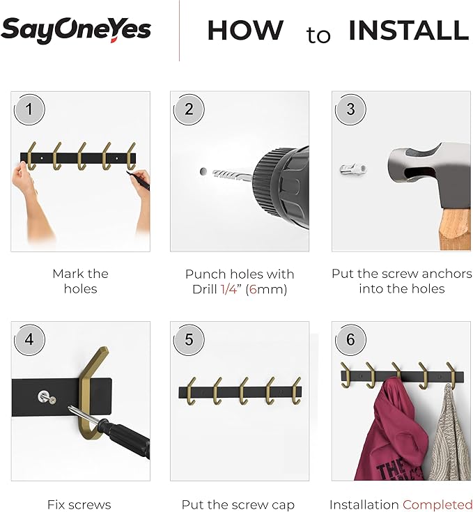 Coat Rack Wall Mount – Black and Gold Hook Rail with 5 Double Coat Hooks, 15 Inch Stainless Steel Wall Hooks for Entryway, Bathroom, Bedroom, Closet, Towel, Hat, Bag, Heavy Duty Organizer