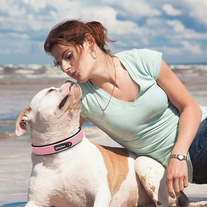 PetiFine Dog Collar for Large Dogs, Neoprene Padded and Adjustable, Reflective Wide Heavy Duty Pet Collars with Durable Metal Belt Buckle for Walking, Pink, L