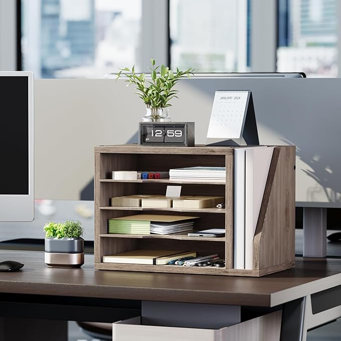 File Organizer Desktop, Wood Desk Organizer with 3 Adjustable Shelves, Mail Paper Sorter for Office, Home, File Holders for Envelopes, Mail Supplies or Magazines, Greige