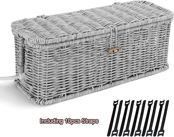 Cable Management Box, Woven Rattan Cord Hider With Lid & Button Lock, Floor Cord Holder for Power Strip USB Hub, Boho Desk Wicker Wires Storage Cable Organizer Box(grey)