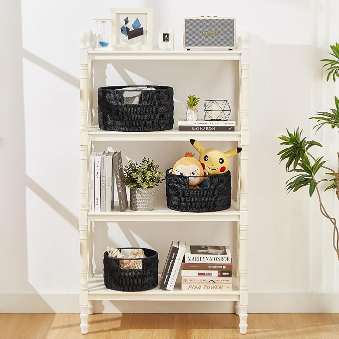 Vagusicc Wicker Storage Basket, Hand-Woven Paper Rope Large Round Woven Basket With Handles, Wicker Baskets for Organizing/Storage, Black, 3-Pack