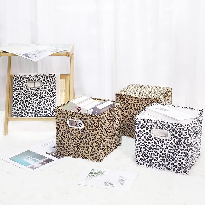 ANMINY 8PCS Storage Cubes Leopard Cheetah Print Velvet Fabric Storage Bins for Shelves, Collapsible Washable Closet Storage Baskets Boxes with Handles for Organizing and Storage -Gray, 11"x 11"x 11"