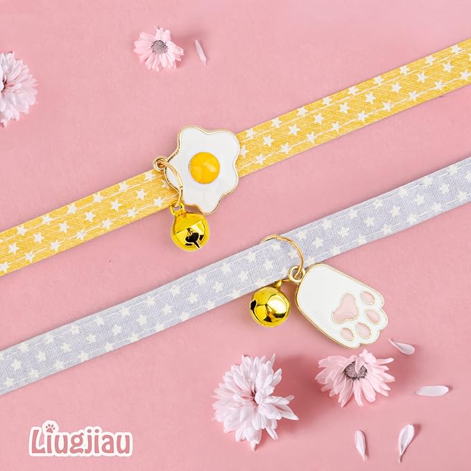 2 Pack Cotton Breakaway Cat Collar with Bell Yellow & Purple Egg Paw Pendant Cute Kitten Cat Collar Suitable for Girls and Boys