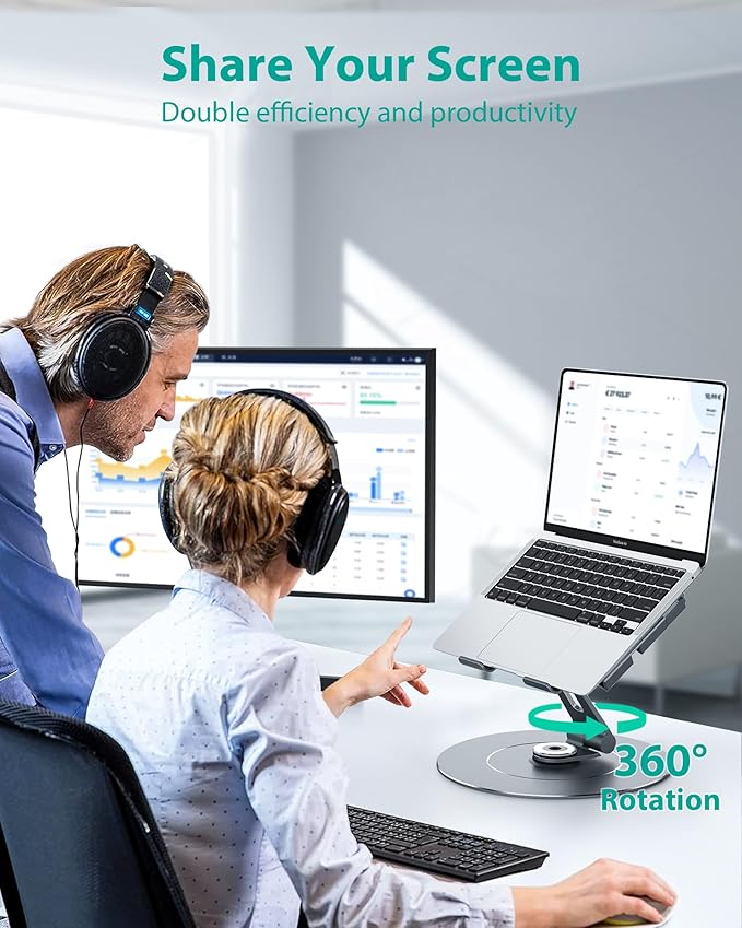 Adjustable Laptop Riser, 360 Rotating Stand with Phone Holder, Foldable for Desk, Ergonomic for MacBook & All Notebooks up to 17.3 inches - Grey