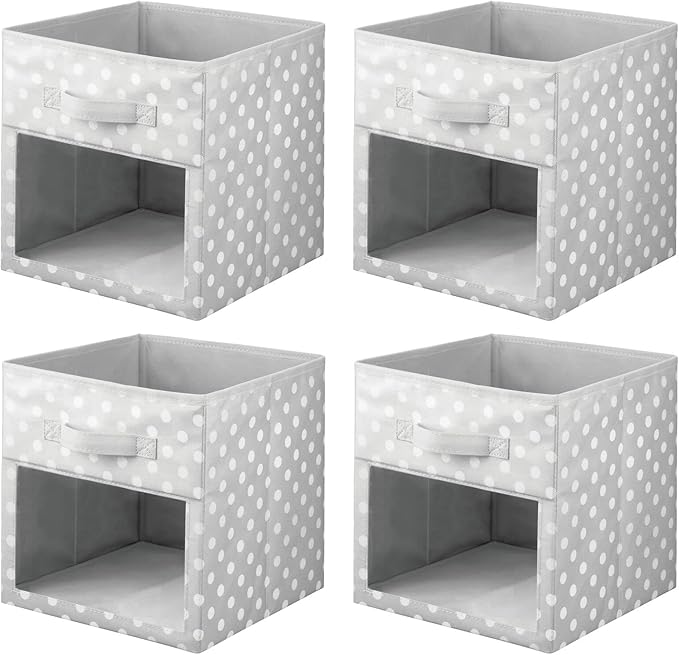 mDesign Fabric Nursery/Playroom Closet Storage Organizer Bin Box, Front Handle/Window for Cube Furniture Shelving Unit, Hold Toys, Clothes, Diapers, Bibs, 4 Pack, Gray/White Polka Dot