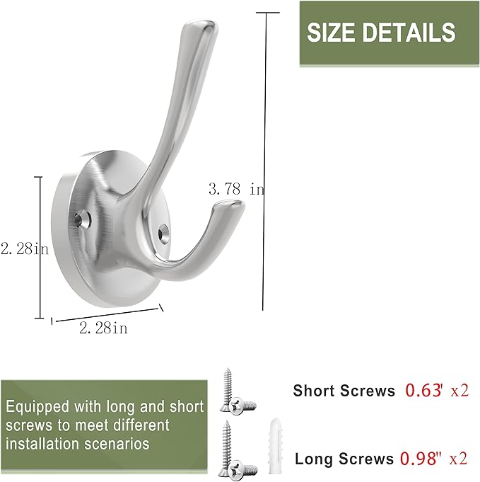 Brushed Nickel Robe Hooks Towel Hooks, 3 Pack Coat Hook Heavy Duty Mudroom Hook Double Bathrobe Hook Wall Mounted, Hat Hooks for Entryway Bathroom Kitchen Closet