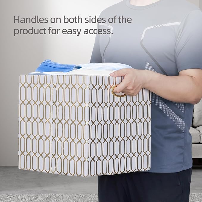 13x13x13 Storage Cube Bins, Collapsible Storage Bins Fabric Storage Cubes Organizer Baskets Box Drawers for Shelves, Closet, Wardrobe, Bookshelf, Cabinet, 4 Pack, White/Shiny Gold