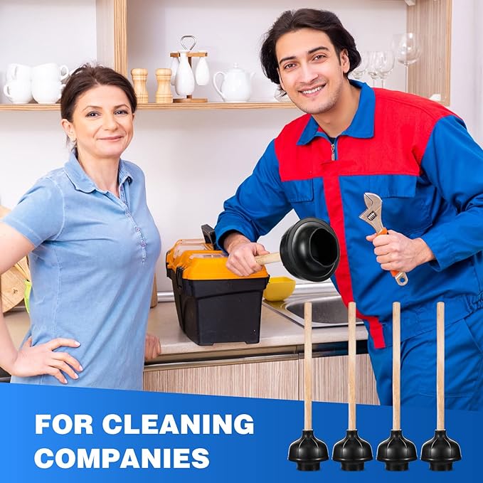 Tanlade 10 Pcs Toilet Plungers for Bathroom Heavy Duty 18 Inch Bulk Black Commercial Plungers with Double Thrust Force Rubber Suction Cup and Long Wooden Handle for Stores Restaurants