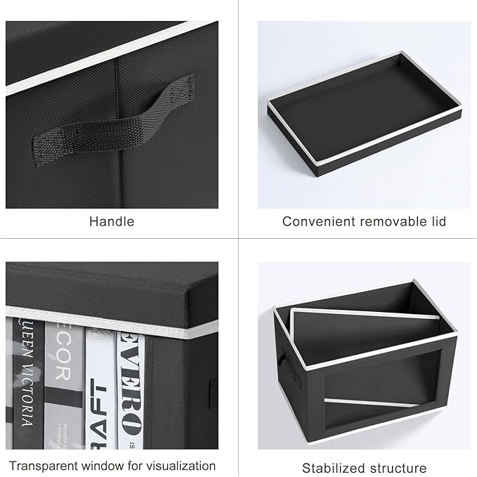 Storage Boxes with Lids - 5 Pack Foldable Clear Window Storage Bins, Large Decorative Storage Bins with Handles, Storage Containers for Clothes, Towel, Blanket, Sheet, Black