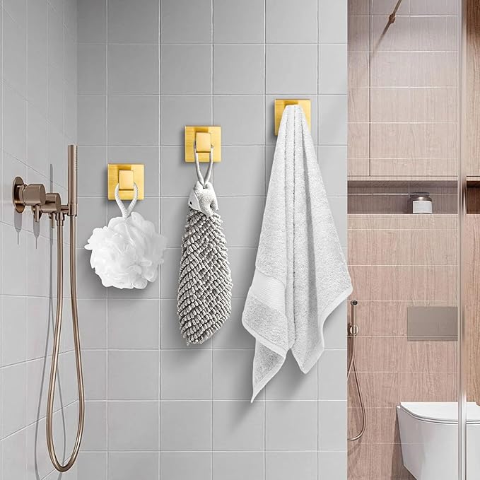 Brushed Gold Towel Hooks for Bathrooms, Heavy Duty Wall Mounted Stainless Steel Modern Hook, 4 Pack – Ideal for Hanging Towels, Robes, Coats, in Kitchen, Bedroom, Bathroom, or Hotel