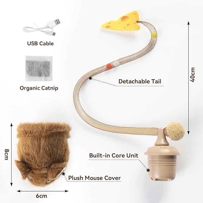 Migipaws Interactive MigiMouse Cat Toy 360° Rolling & Spin with Wiggling Tail for Indoor Cats Smart Motion Sensor, Realistic Squeak, Rechargeable Plush Kitten Toy (Brown)