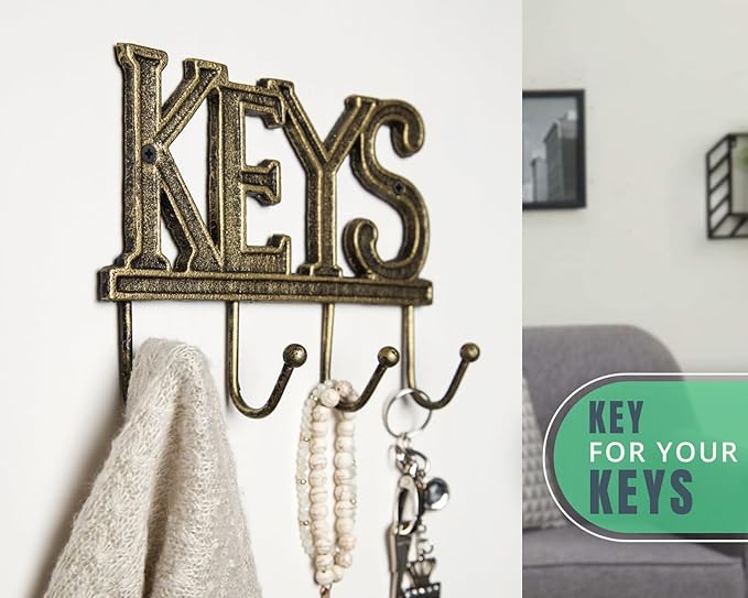 Comfify Key Holder for Wall - Decorative Farmhouse Rustic Wall Mount Key Organizer with 4 Hooks - Vintage Cast Iron Key Rack with Screws and Anchors – 6x8 - Gold with Black