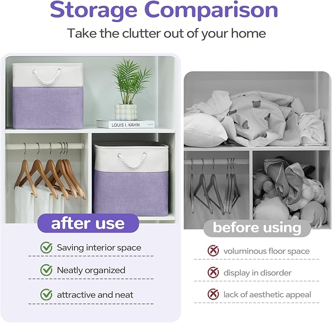 12 x 12 Inch Cube Storage Bins, 4 Pack Fabric Storage Basket with Handles, Foldable Boxes Organizer for Shelf Baskets for Home, Clothes, Toys (White/Purple)