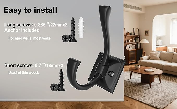 2 Pack Antique Black Coat Robe Hooks for Wall Hanging Hat, Key, Bag, Robe, Towel, Mudroom Hook Entrance Bathroom Door Decorative Heavy Duty Hats Hanger