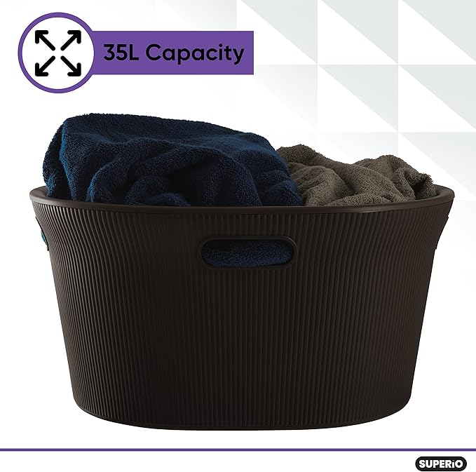 Superio Ribbed Collection - Decorative Plastic Laundry Basket with Cut-Out Handles, Brown (1 Pack) Hamper Organzier for Bedroom Bathroom College Dorm Room 35 Liter