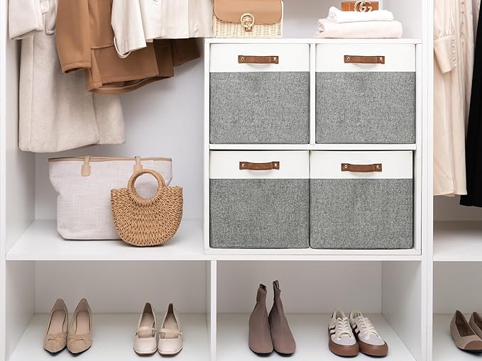 StorageWorks 13x13 Inches Storage Cube, Fabric Storage Bins with PU Handles, Collapsible Organizer Baskets for Closet, Gray and White, 4-Pack