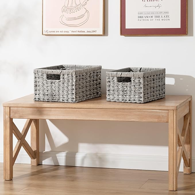 GRANNY SAYS Wicker Baskets for Organizing, Storage Basket for Shelves, Square Shelf Baskets with Handles, Waterproof Woven Basket for Living Room, Baskets for Entryway, Grey