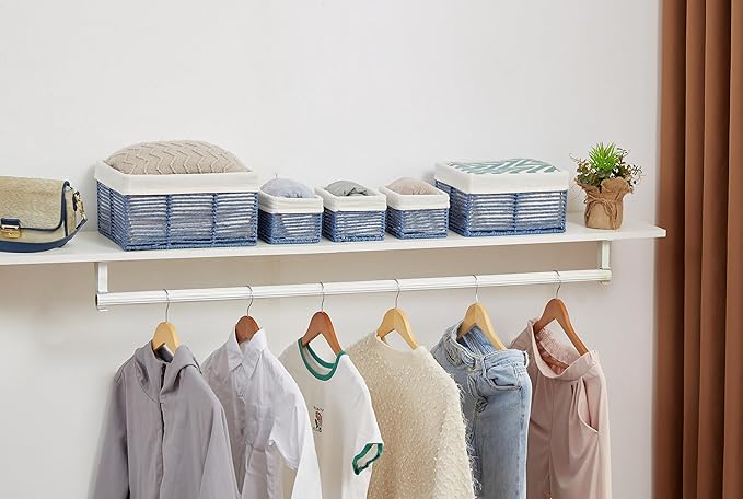 Vagusicc Wicker Storage Basket, Hand-Woven Paper Rope Wicker Baskets, Rectangular Small Wicke Baskets for Organizing, Cube Storage Bins for Closet/Clothes/Dresser, Blue, 5-Pack