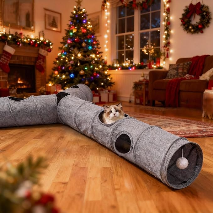 Cat Tunnel, 3 Straight Shaped Tunnels 6 DIY Shapes with Wand Toys, No Noise Scratch Resistant Cool Linen Fabric, Interactive Pet Tunnel Tube for Indoor Cats, Puppy and Rabbits