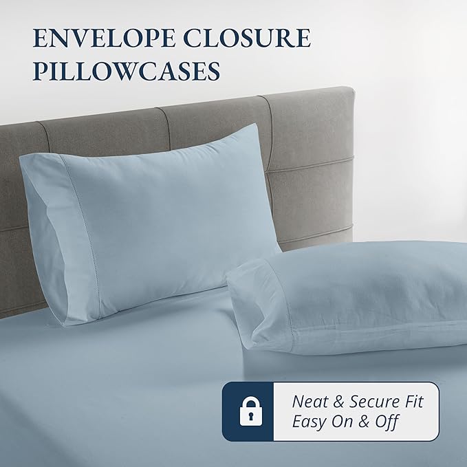 LANE LINEN 100% Organic Cotton Fitted Sheet Queen Size - 3 Pc Set (1 Fitted Sheet, 2 Pillowcases), Soft Percale Weave, Soft, Breathable, Fits Mattress Upto 15" Deep - French Blue (No Flat Sheet)