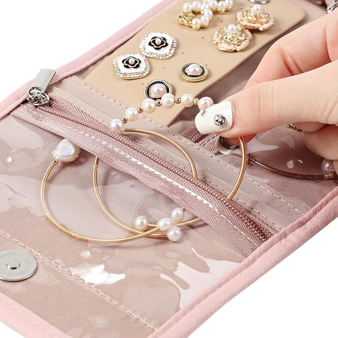 BELALIFE Travel Jewelry Case Organizer, Small Foldable Storage Roll for Earrings, Necklaces, Rings, Bracelets, Brooches, Pink