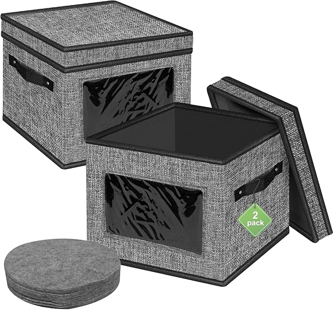 homyfort China Storage Containers With Lid and Handles, Dinnerware Storage Box for Dishes with 12 Felt Dividers, Hold 24 Plates, 12x 12, Set of 2, Grey