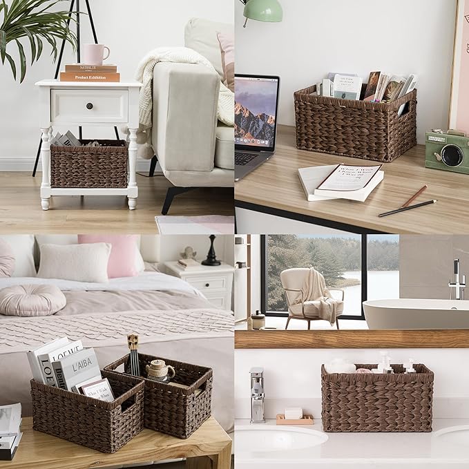 GRANNY SAYS Wicker Storage Baskets for Shelves, Wicker Baskets for Organizing, Waterproof Woven Basket for Pantry, Rectangle Basket for Shlef, Brown, 2-Pack