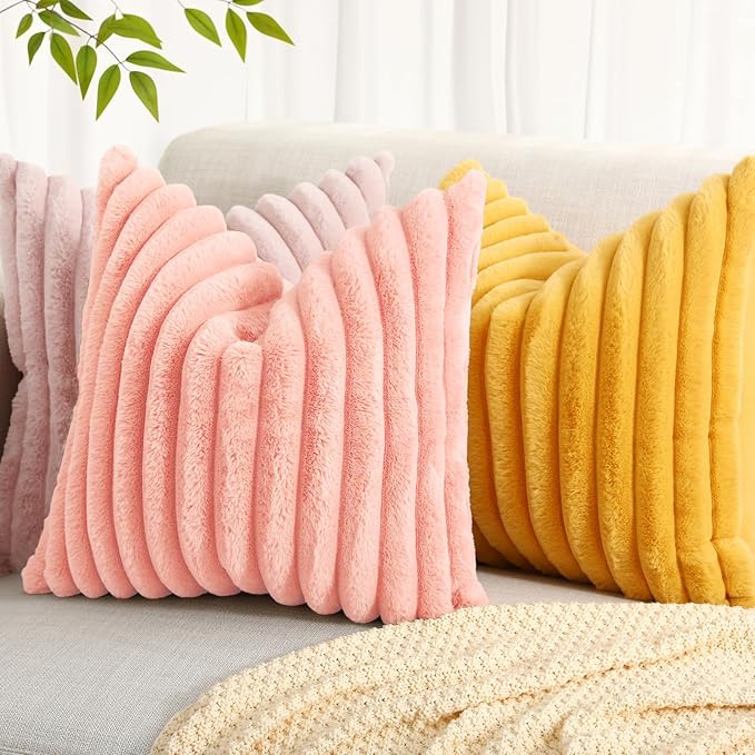decorUhome Faux Fur Spring Throw Pillow Covers 16x16 Set of 2, Decorative Soft Plush Striped Neutral Couch Pillow Covers with Velvet Back for Sofa, Bed, Living Room Home, Blush Pink