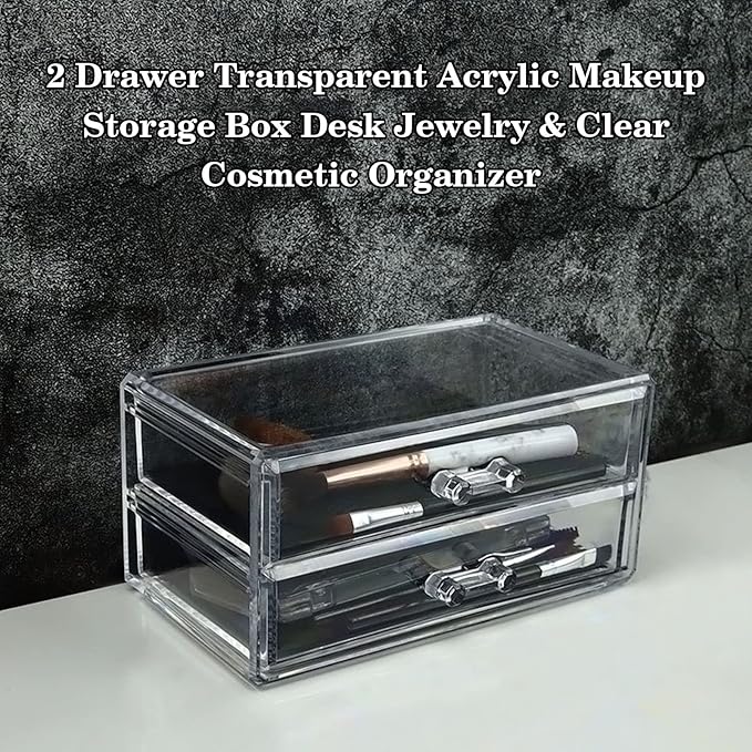 Makeup Organizer 2 Drawer Transparent Acrylic Makeup Storage Box Desk Jewelry & Clear Cosmetic Organizer Vanity Storage Display Box Dustproof Drawer Storage for Make Up, Jewelry, Pen