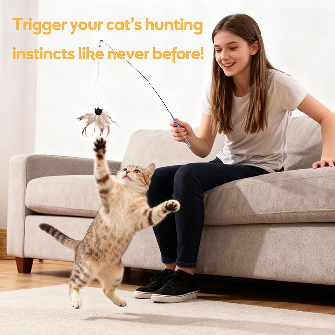 Interactive Cat Toy Bug Toys for Cats 4 Realistic Flying Bugs Cat Wand (4pcs Realistic Bug Refills + 1pc Cat Wand)