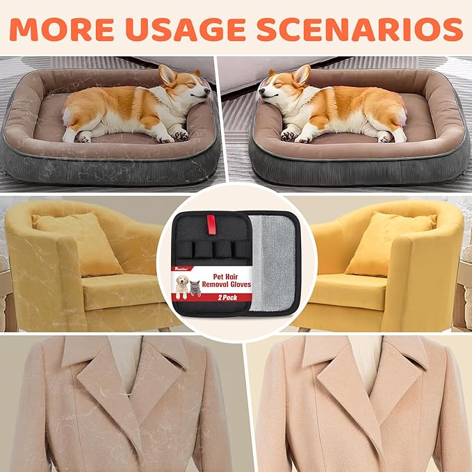 2 Pcs Pet Hair Removal Glove for Dogs & Cats, Electrostatic Pet Hair Gloves, Reusable Pet Hair Remover Glove, Washable Animal Fur Removal Tool for Couch, Carpet, Car Seat, Clothing