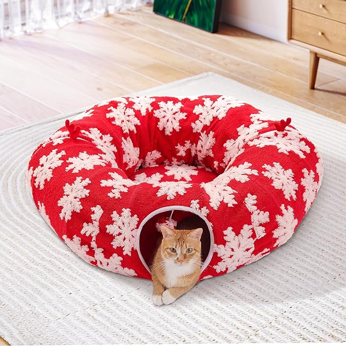 PEQULTI Cat Christmas Tunnel with Bed for Indoor Cats, Cat Donut Tunnel Under The Tree with Washable Soft Plush Mat, Round Tube Toys Cute Tube for Kittens, Puppies, Rabbits and Ferrets, Red