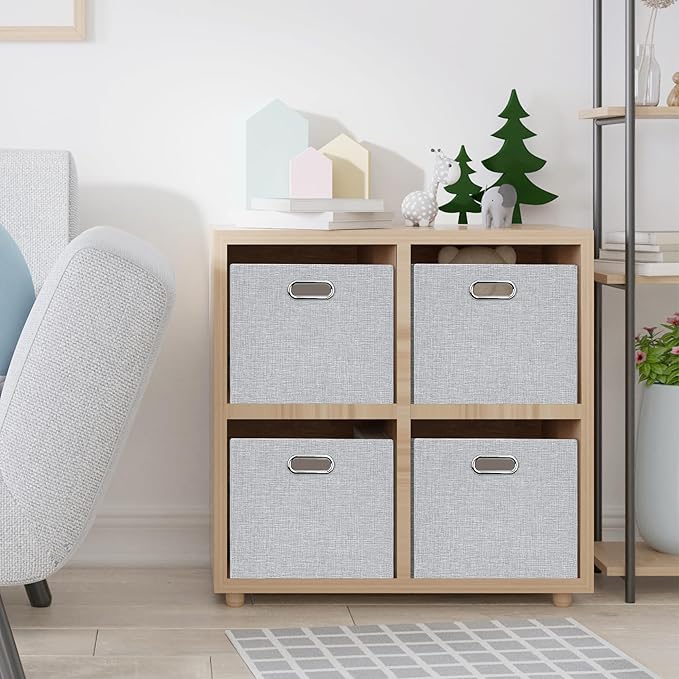 Posprica Closet Organizers and Storage, 4 Pack Large Linen Storage Bins, Decorative Shelf Storage Baskets for Organizing, Foldable Fabric Storage Box for Clothes, Toy, 16.5x12x10.25 Inch(Grey)