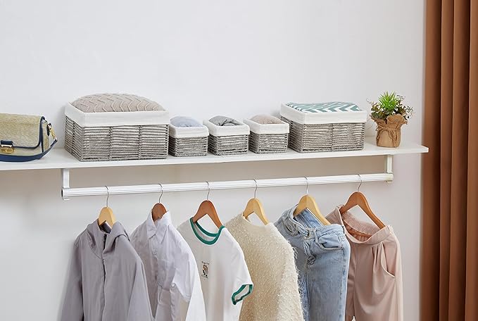 Vagusicc Wicker Storage Basket, Hand-Woven Paper Rope Wicker Baskets, Rectangular Small Wicke Baskets for Organizing, Cube Storage Bins for Closet/Clothes/Dresser, Grey, 5-Pack