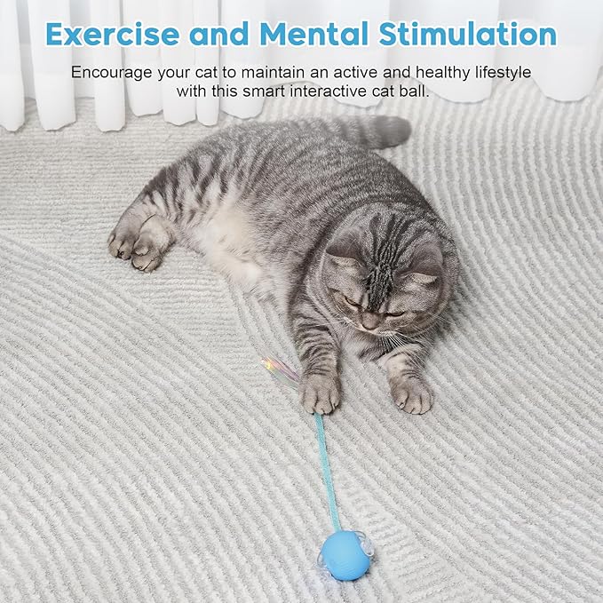 Interactive Cat Toys for Indoor Cats & Dogs, Agile Moving Cat Ball with Elastic Mesh Tail, Rechargeable Enrichment Toys, Smart Automatic Rolling Pet Ball Toys for Bored Indoor Dogs & Cats (Blue)