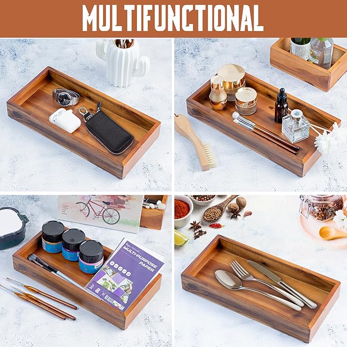 Demigo Acacia Wood Valet Tray & Catchall - 12.2x6 Inch Organizer for Nightstand, Entryway, Dresser - Holds Keys, Wallet, Phone, Jewelry (Brown)