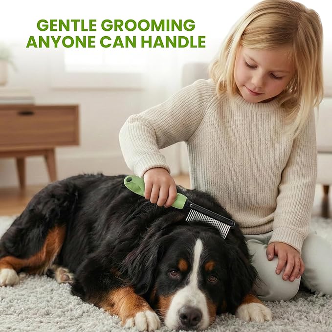 Poodle Grooming Comb - Metal Dematting Comb with Long & Short Stainless Steel Teeth for Removing Matted Hair & Knots, Safe and Gentle for Dogs & Cats (Green)