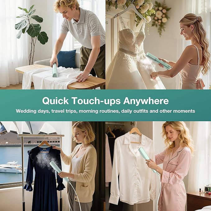 Newbealer 3in1 Clamp Travel Steam Iron with Global Voltage, 100-240V Clothes Steamer, Dry Ironing & 2 Steam Levels, Non-Stick Ceramic Soleplate, Auto-off, Self Cleaning, w/Detachable Clamp (Green)