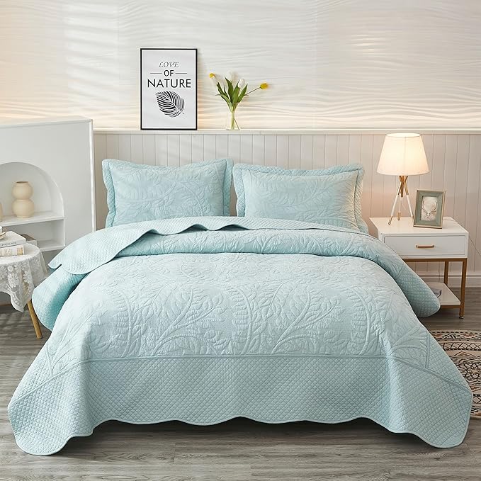 MarCielo 3-Piece 100% Cotton Oversized Bedspread Lightweight Quilt Coverlet Embroidery Farmhouse Bedding Set T0 (Aruba Blue, Oversized King (118"x106"))