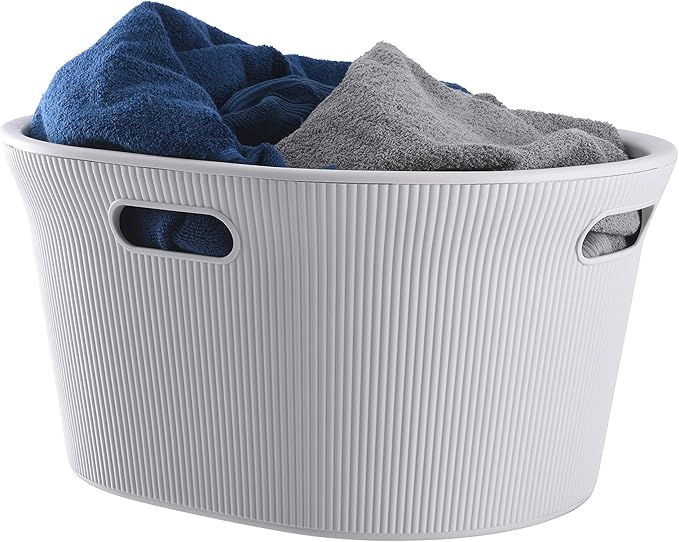 Superio Ribbed Collection - Decorative Plastic Laundry Basket with Cut-Out Handles, White Smoke (2 Pack) Hamper Organzier for Bedroom Bathroom College Dorm Room 35 Liter