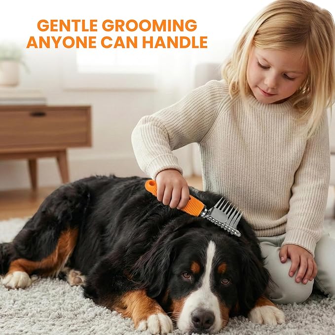 Poodle Dematting Fur Rake Comb Brush for Dogs and Cats - Long 2.5" Steel Safety Blades Metal Comb for Detangling Matted or Knotted Undercoat Hair (Orange)