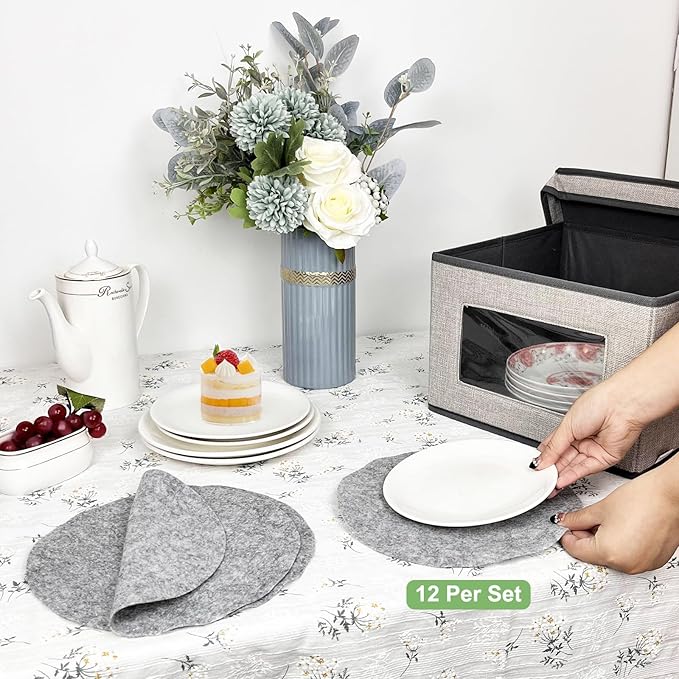 homyfort China Storage Containers With Lid and Handles, Dinnerware Storage Box for Dishes with 12 Felt Dividers, Hold 24 Plates,12 x 12, Set of 2, Light Grey