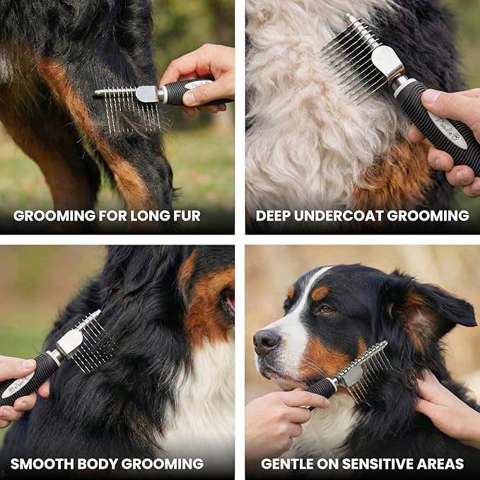 Poodle Dematting Fur Rake Comb Brush for Dogs and Cats - Long 2.5" Steel Safety Blades Metal Comb for Detangling Matted or Knotted Undercoat Hair
